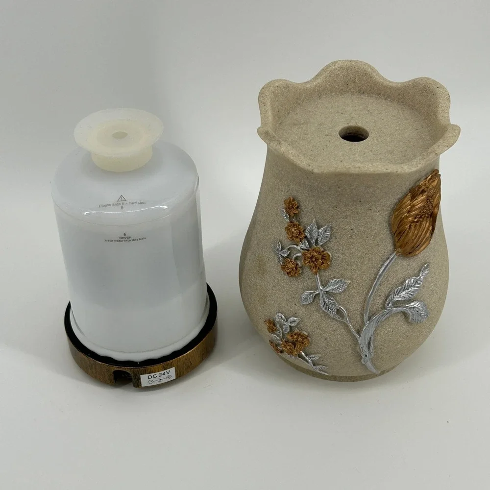 Floral 3D Rose Essential Oil Diffuser Scalloped Stone Look Vase DC 24V Beige NEW